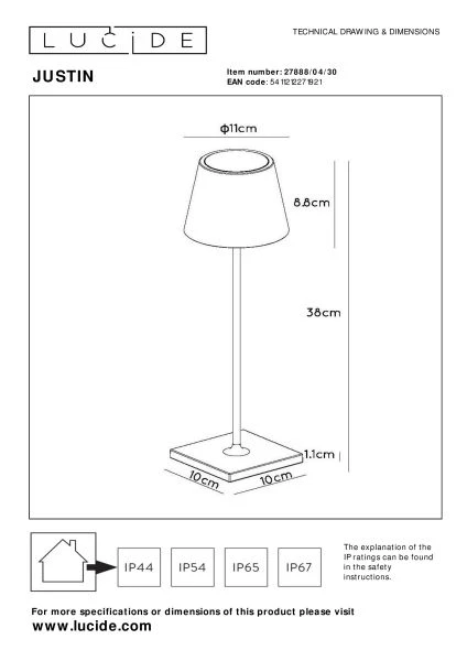 Lucide JUSTIN - Rechargeable Table lamp Indoor/Outdoor - Battery pack - Ø 11 cm - LED Dim. - CCT - 1x2,2W 2700K/3000K - IP54 - Black - technical